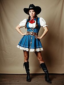 Woman in Cowgirl Fancy Dress Costume with Black Boots and Hat Studio Photo