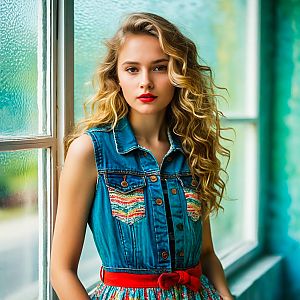 Young Woman in Denim Vest by Textured Window