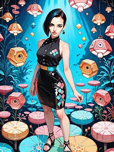 Woman in Asymmetrical Cut Out Midi Dress in Vibrant Surreal Underwater Setting