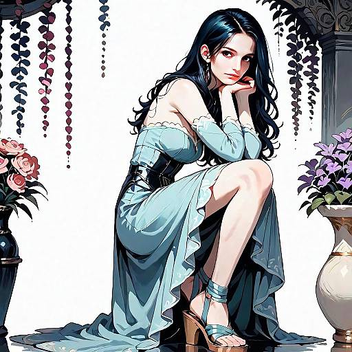 Elegant Woman Sitting Amid Floral Vines Digital Illustration