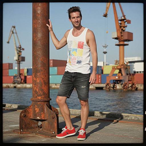 Man in Casual Summer Outfit at Shipping Dock by Rusted Pole