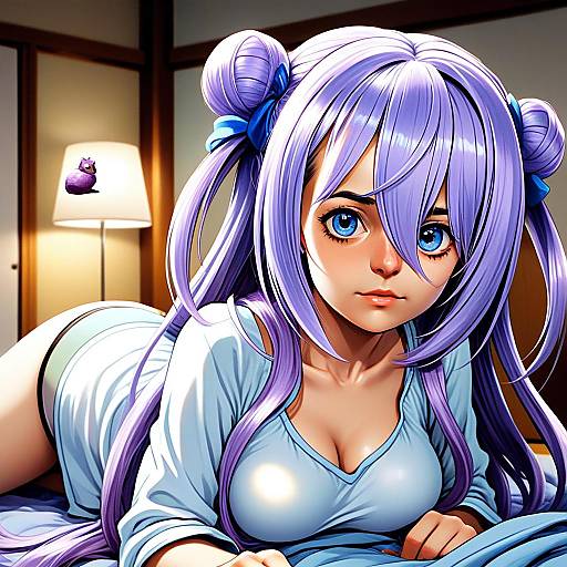 Anime Girl with Lavender Hair in Blue Top on Bed Digital Illustration