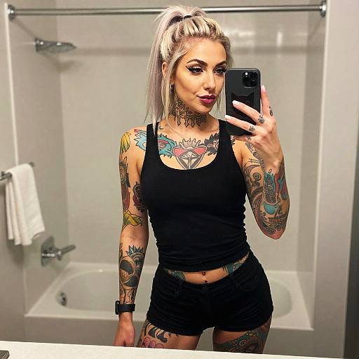Tattooed Young Woman Taking Mirror Selfie in Black Outfit