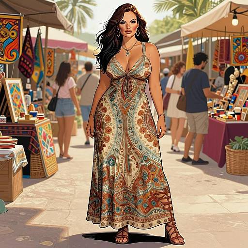 Stylish Woman in Paisley Maxi Dress at Vibrant Outdoor Market Digital Illustration