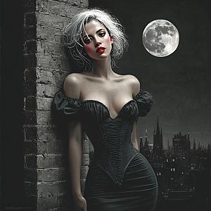 Gothic Woman in Black Corset Dress Under Full Moon Night