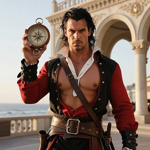 Pirate Man Holding Compass Outdoors with Ocean and Classical Architecture