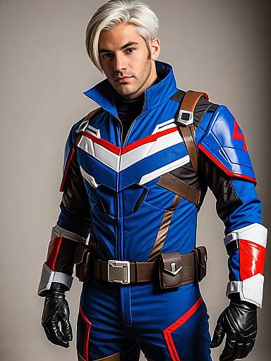 Realistic Soldier 76 Cosplay Costume Worn by Man in Blue, Red, and White