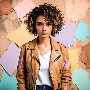 Woman in Leather Jacket with Colorful Background