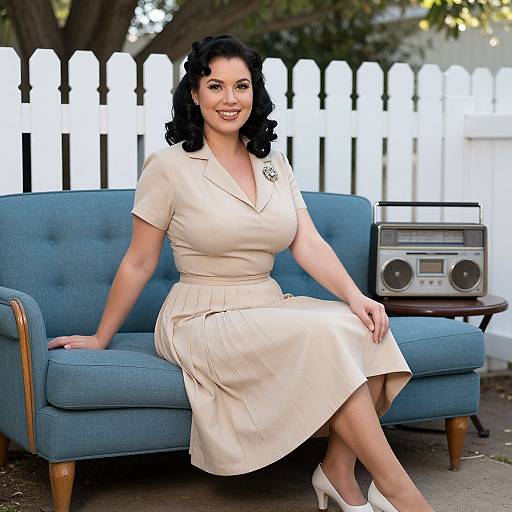 Retro Vintage Style Woman Sitting on Blue Sofa with Vintage Radio