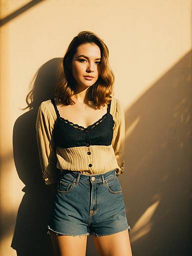 Woman in Casual Chic Beige Blouse and Denim Shorts with Front Button Closure