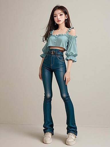 Realistic Full Body Shot of Woman in Modern Casual Denim Outfit