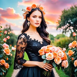 Elegant Woman in Black Lace Gown Amidst Peach Roses at Sunset