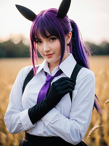 Purple-Haired Woman Cosplay with Black Bunny Ears in Field