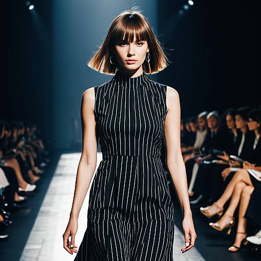 Fashion Model on Runway in Black Pinstripe Dress