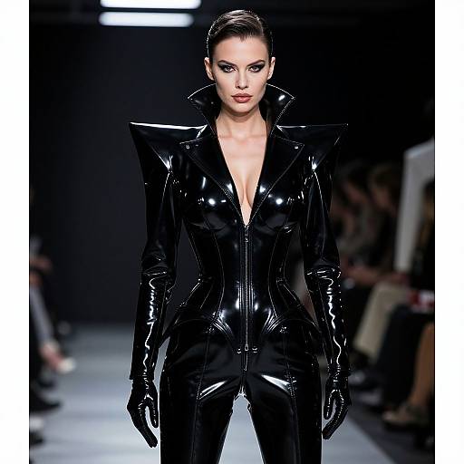 Futuristic Black Latex Outfit with Exaggerated Shoulders on Fashion Runway