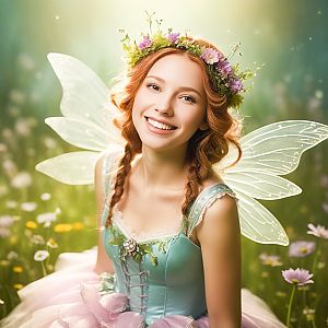 Joyful Woman in Fairy Costume in Meadow
