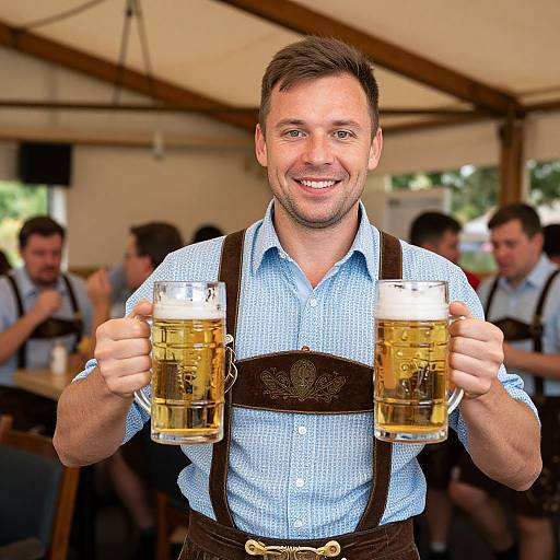Man in Traditional Lederhosen Holding Two Beer Mugs at Beer Festival