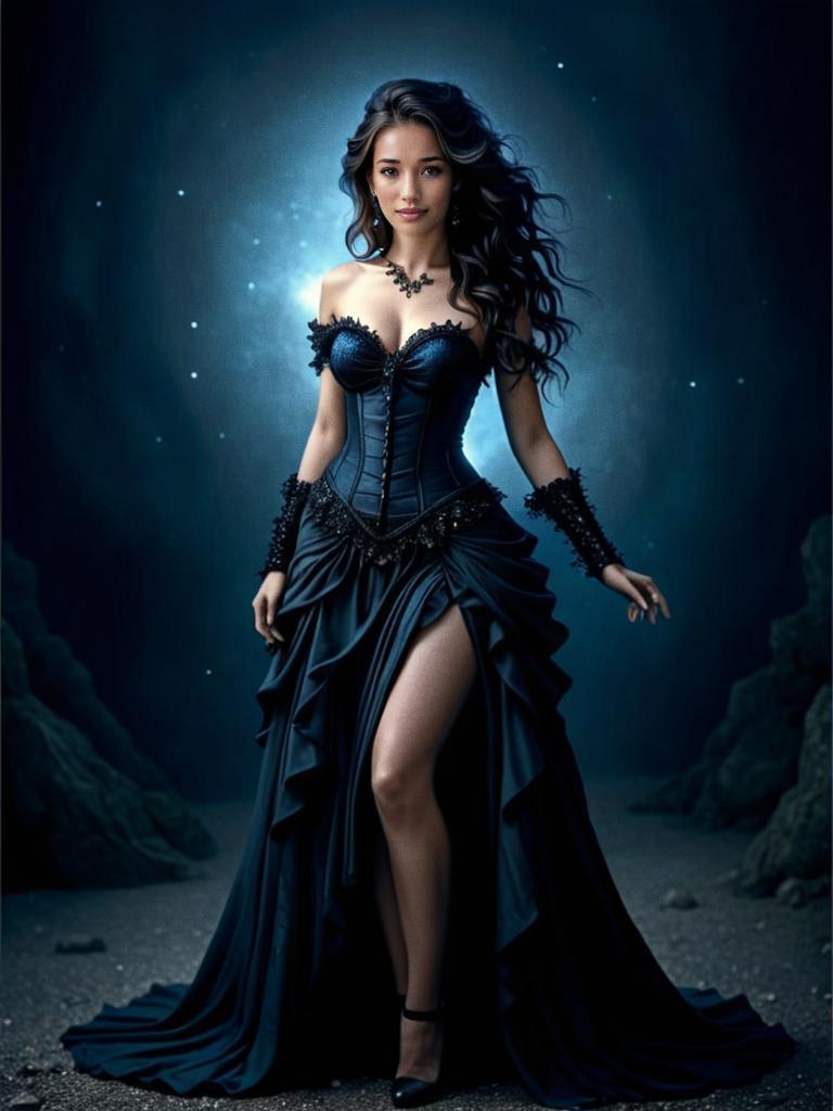 Elegant Woman in Black Gown with Mystical Aura