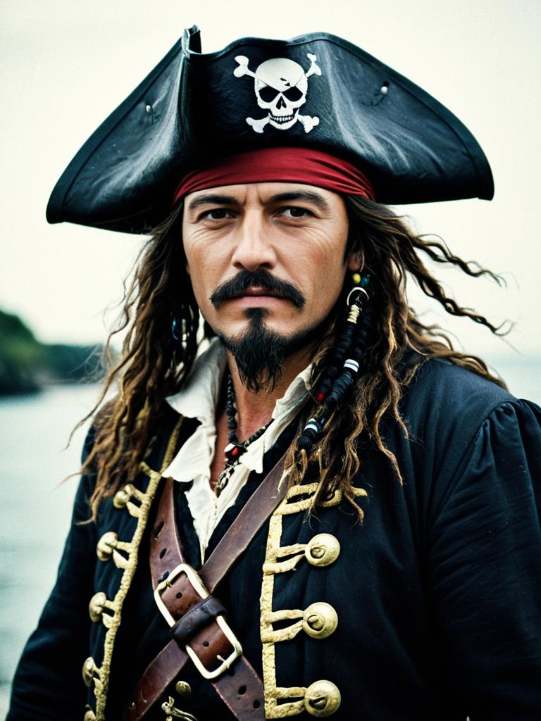 Realistic Pirate Costume Man in Tricorn Hat and Traditional Attire