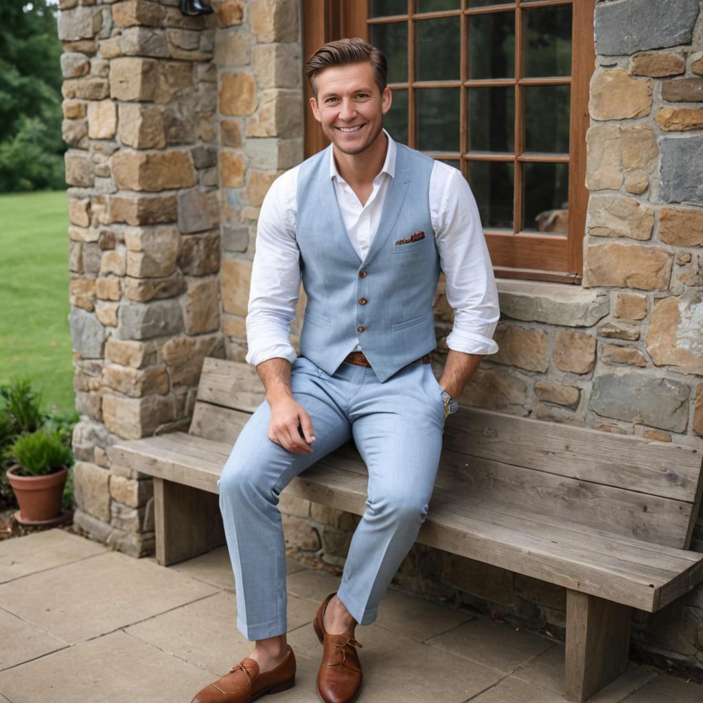 Stylish Man in Light Blue Suit Outside Rustic Building