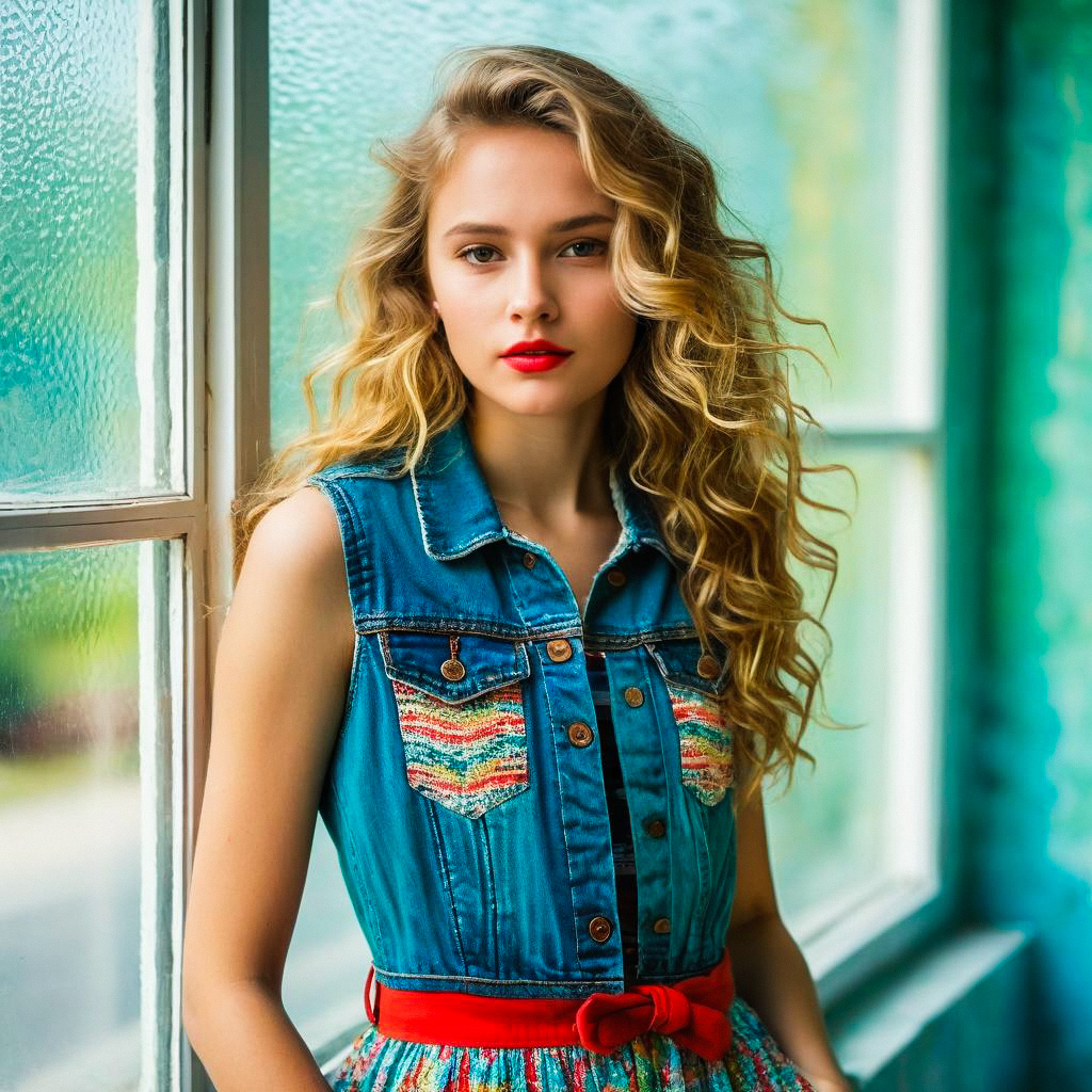 Young Woman in Denim Vest by Textured Window