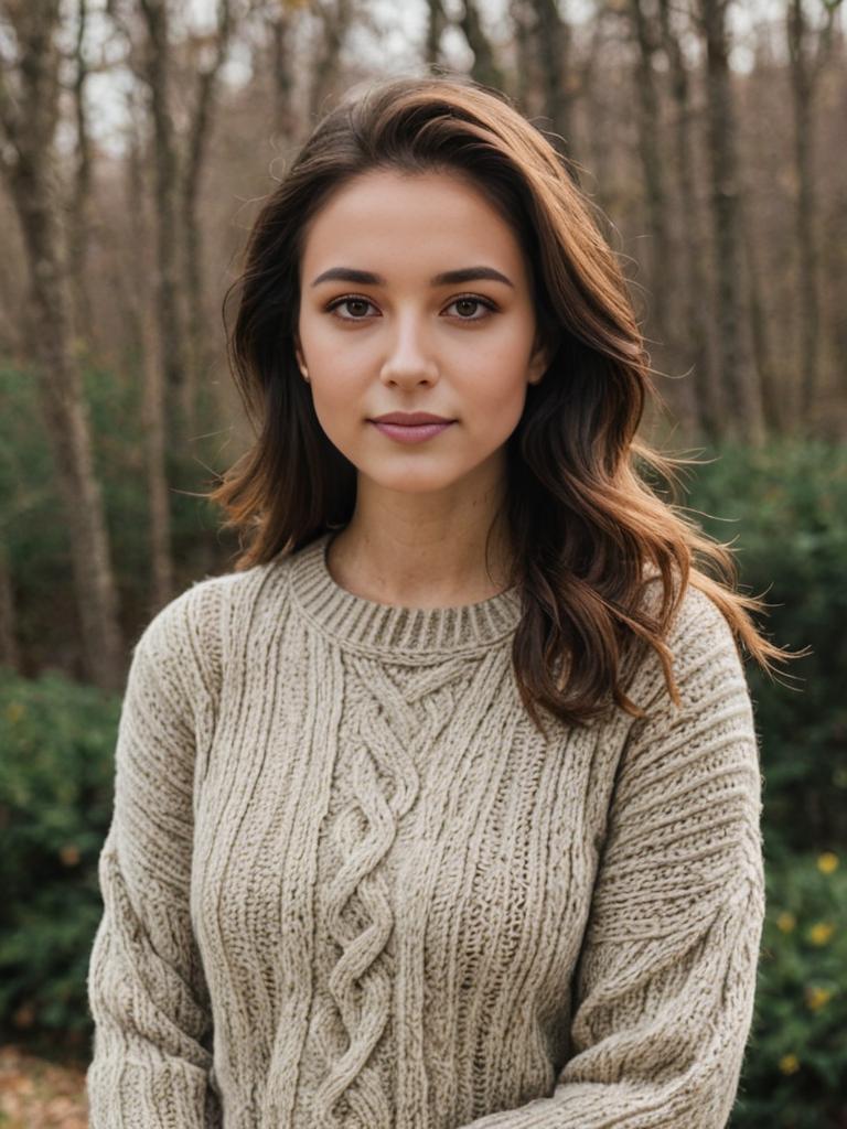 Woman in Cozy Cable-Knit Sweater Amid Autumn Foliage