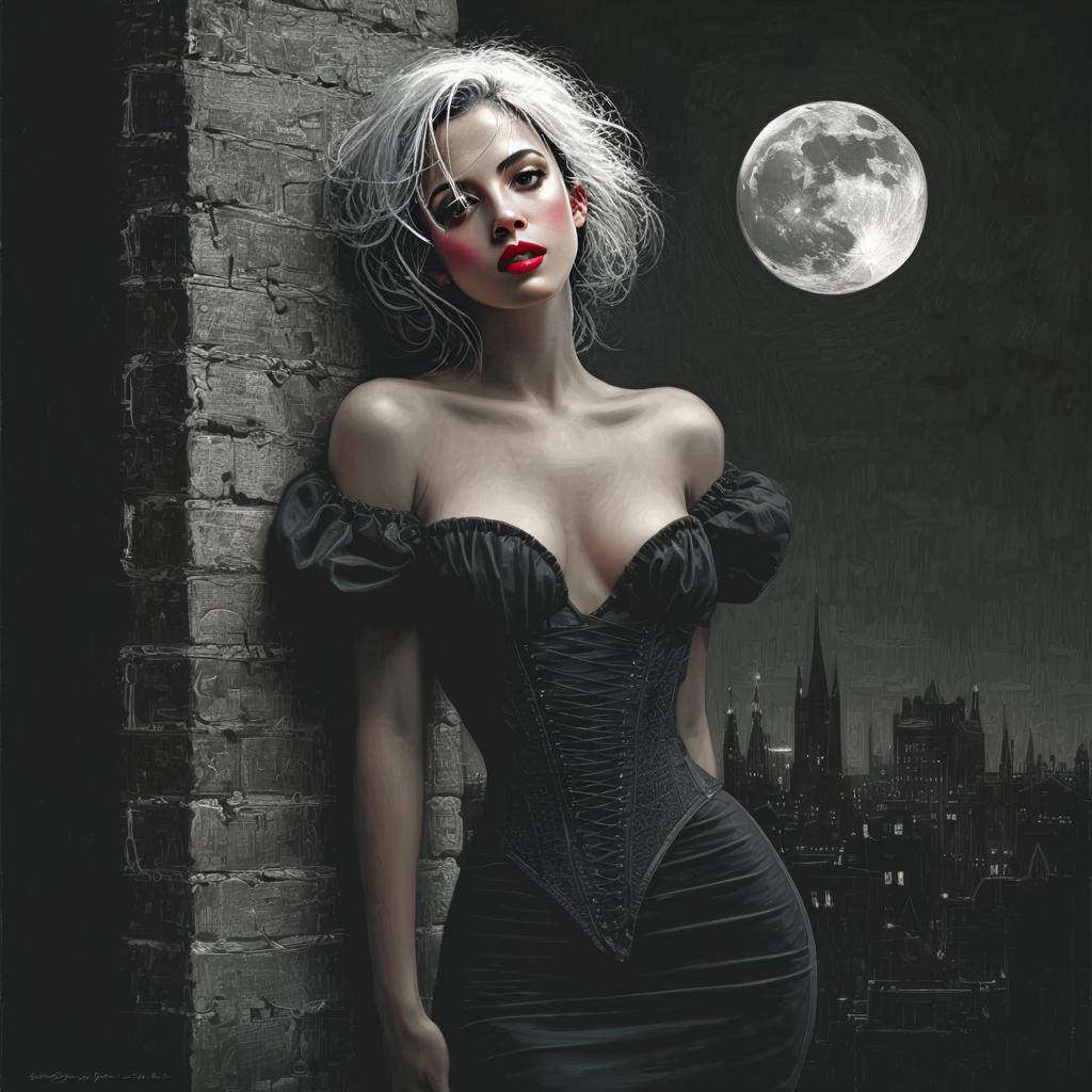 Gothic Woman in Black Corset Dress Under Full Moon Night