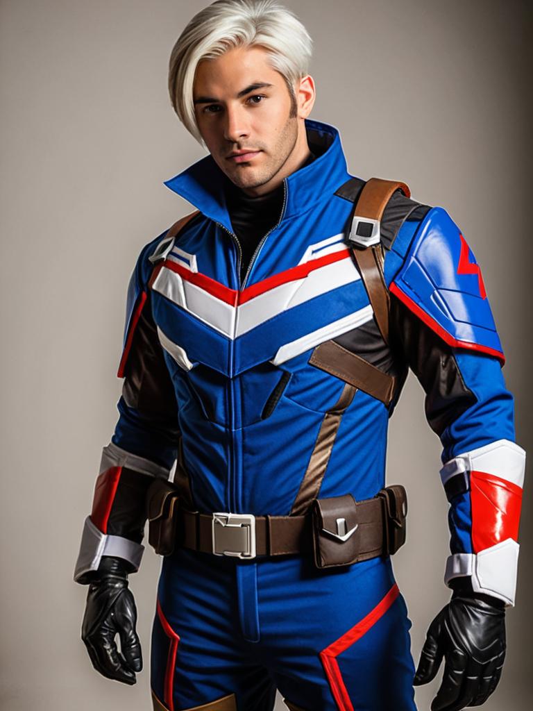 Realistic Soldier 76 Cosplay Costume Worn by Man in Blue, Red, and White