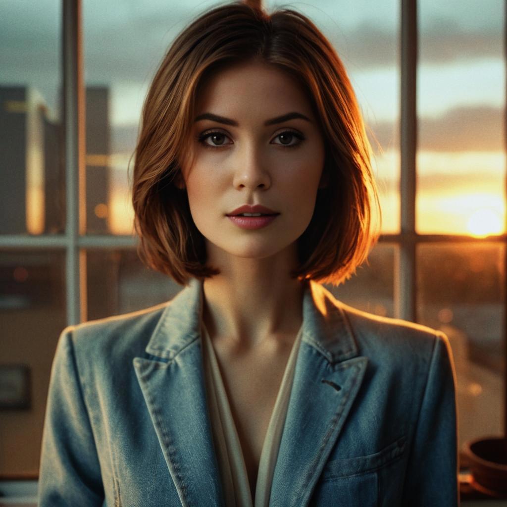 Young Woman in Denim Blazer at Sunset Near Window