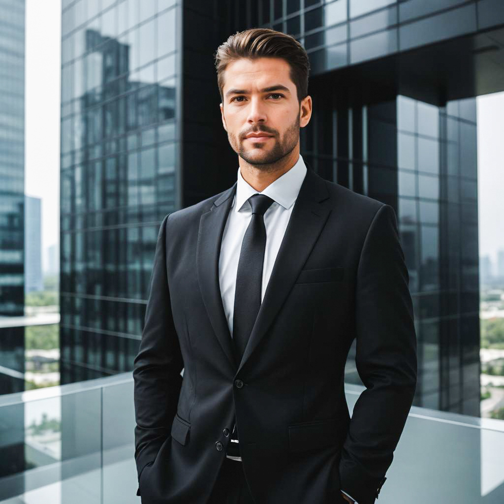 Confident Man in Black Suit Against Skyscrapers