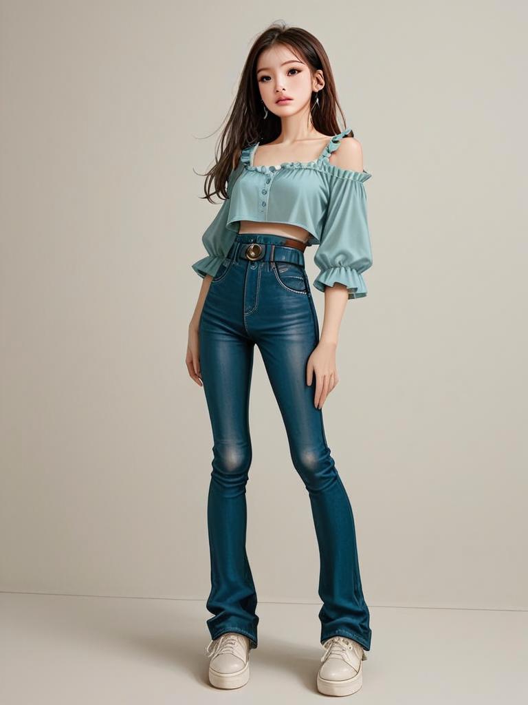 Realistic Full Body Shot of Woman in Modern Casual Denim Outfit
