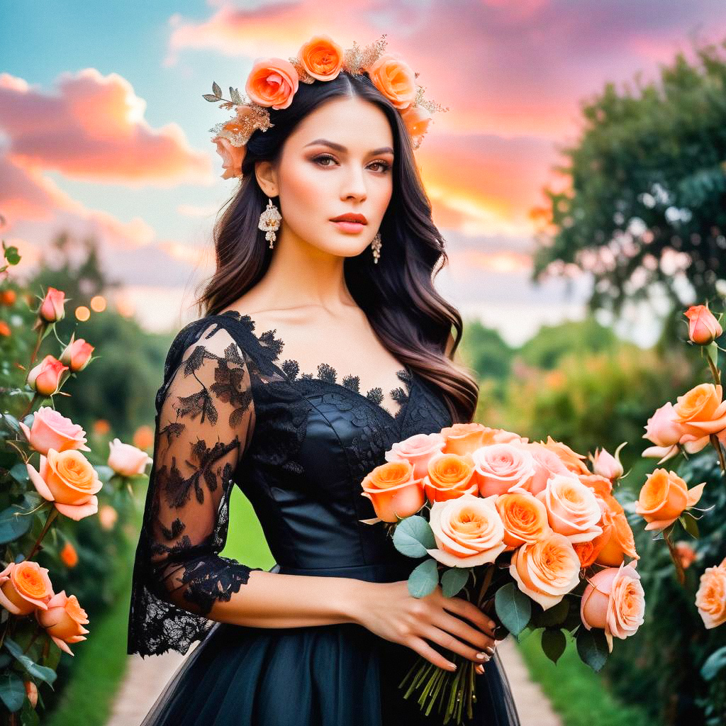 Elegant Woman in Black Lace Gown Amidst Peach Roses at Sunset Elegant Woman in Black Lace Gown Amidst Peach Roses at Sunset
