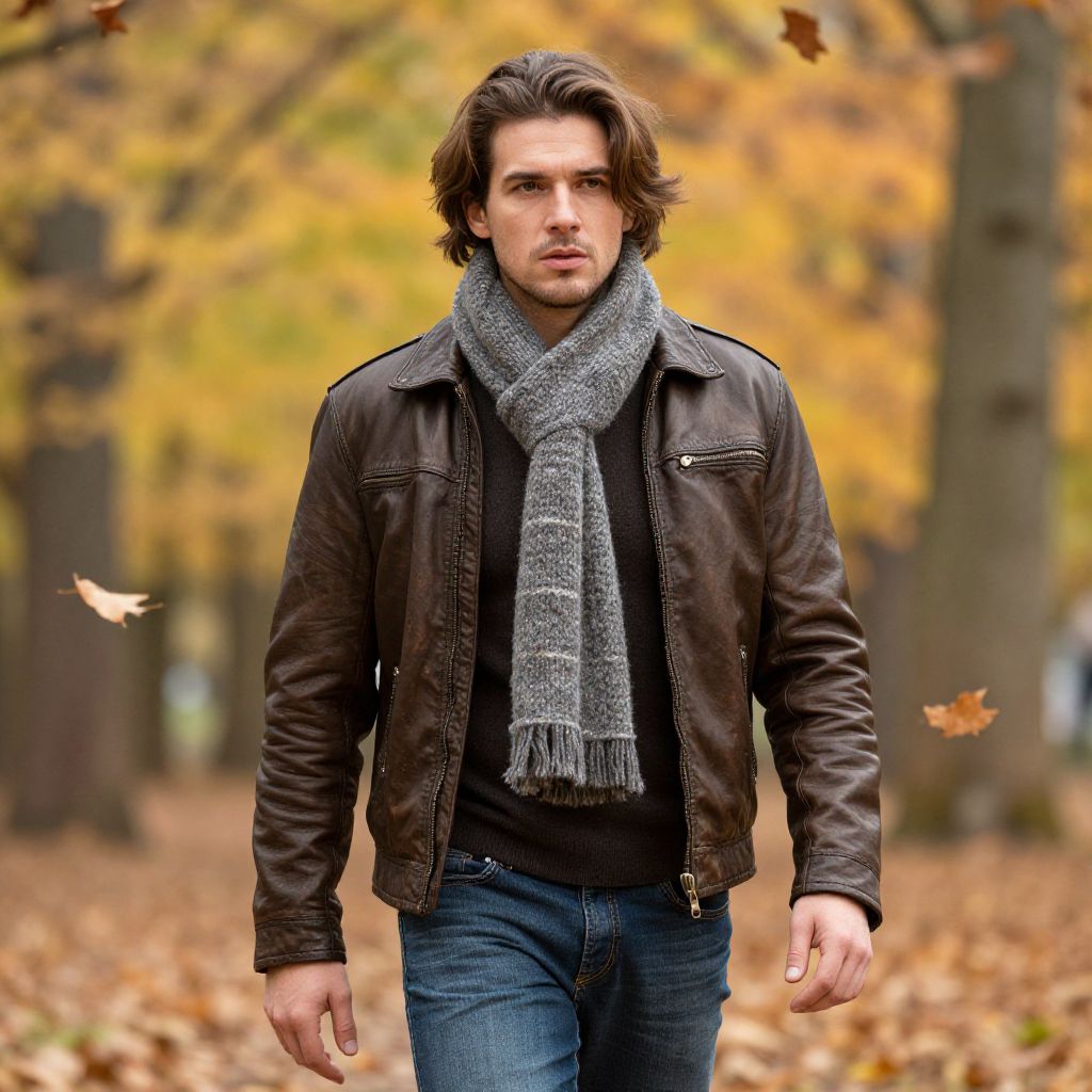 Man Walking in Autumn Park Wearing Leather Jacket and Scarf
