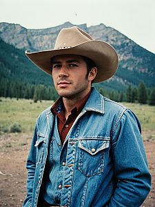 Photorealistic Brokeback Mountain Man Cosplay in Western Denim and Cowboy Hat
