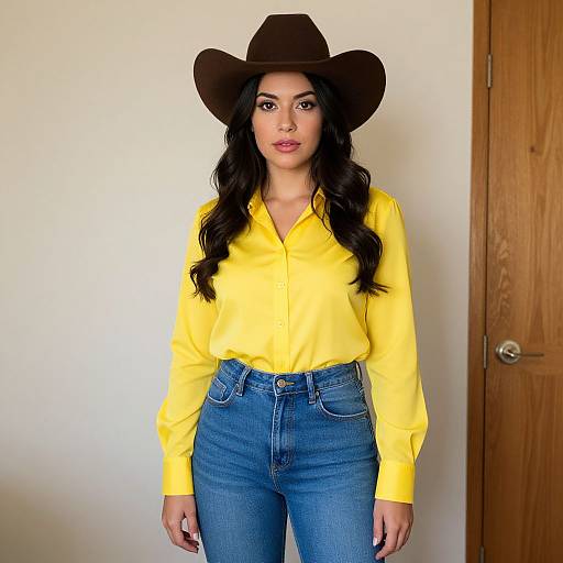 Woman in Yellow Blouse and Cowboy Hat Fashion Portrait
