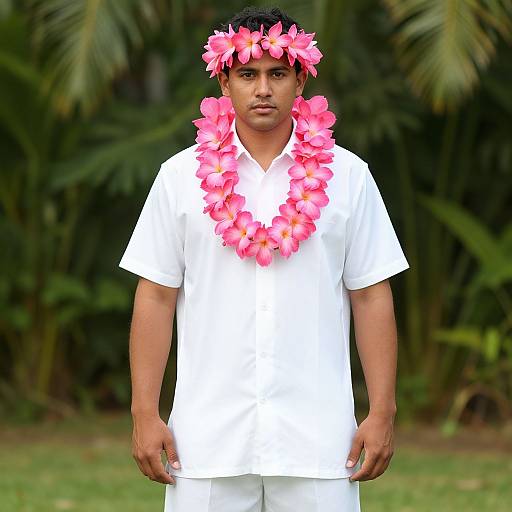 Man Wearing Pink Flower Lei and Crown in Tropical Outdoor Setting