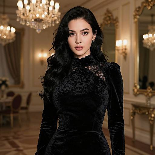 Elegant Woman in Black Velvet Dress in Luxurious Interior