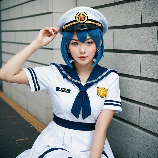 Anime-Inspired Woman in Blue-Haired Cosplay Sailor Uniform Named Aika