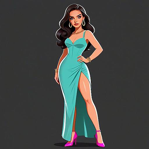 Stylish Woman in Turquoise Evening Gown Illustration