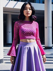 Stylish Woman in Magenta Mesh Crop Top and Lavender Skirt Outdoors