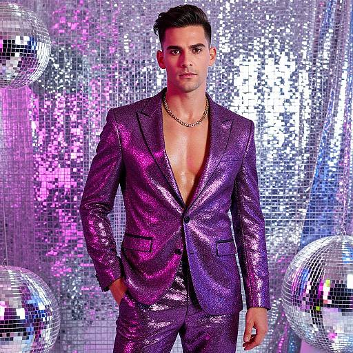 Man in Glittery Purple Suit with Disco Balls and Shimmering Silver Background