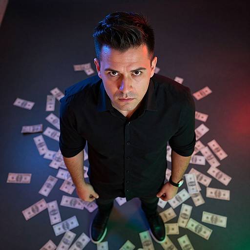 Confident Man Standing Among Scattered Money with Dramatic Lighting