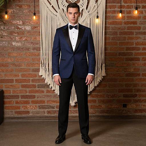 Man in Blue Tuxedo with Bow Tie Standing Against Brick Wall with Macramé Decor