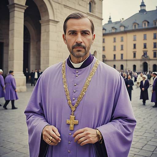 Man in Purple Clerical Robe with Gold Cross in Historic Plaza