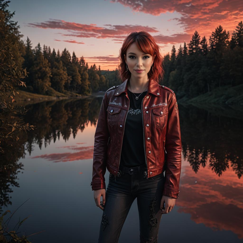 Confident Woman with Red Hair at Sunset by Lake