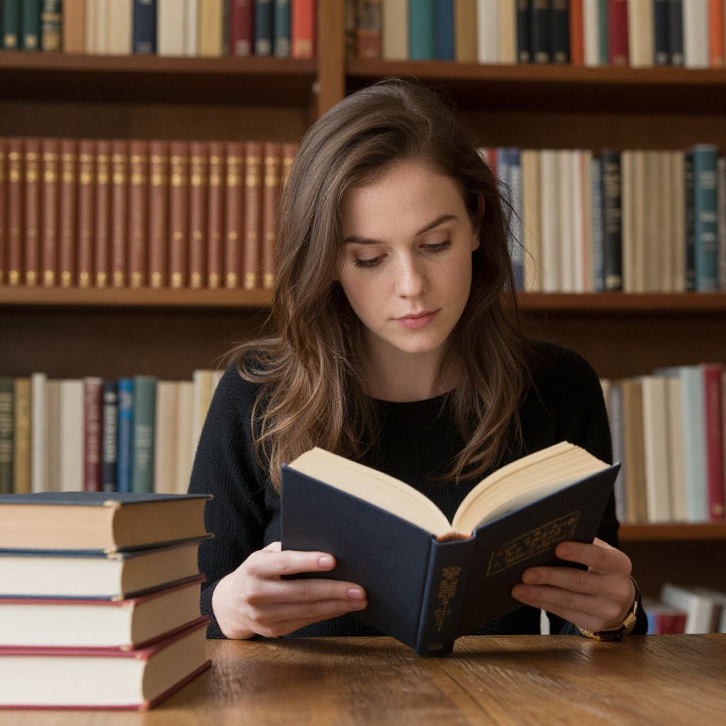 Woman Reading Book in Library Surrounded by Bookshelves vllm26041113414et8