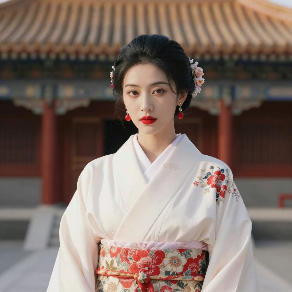 Young Woman in Traditional Kimono with Floral Patterns