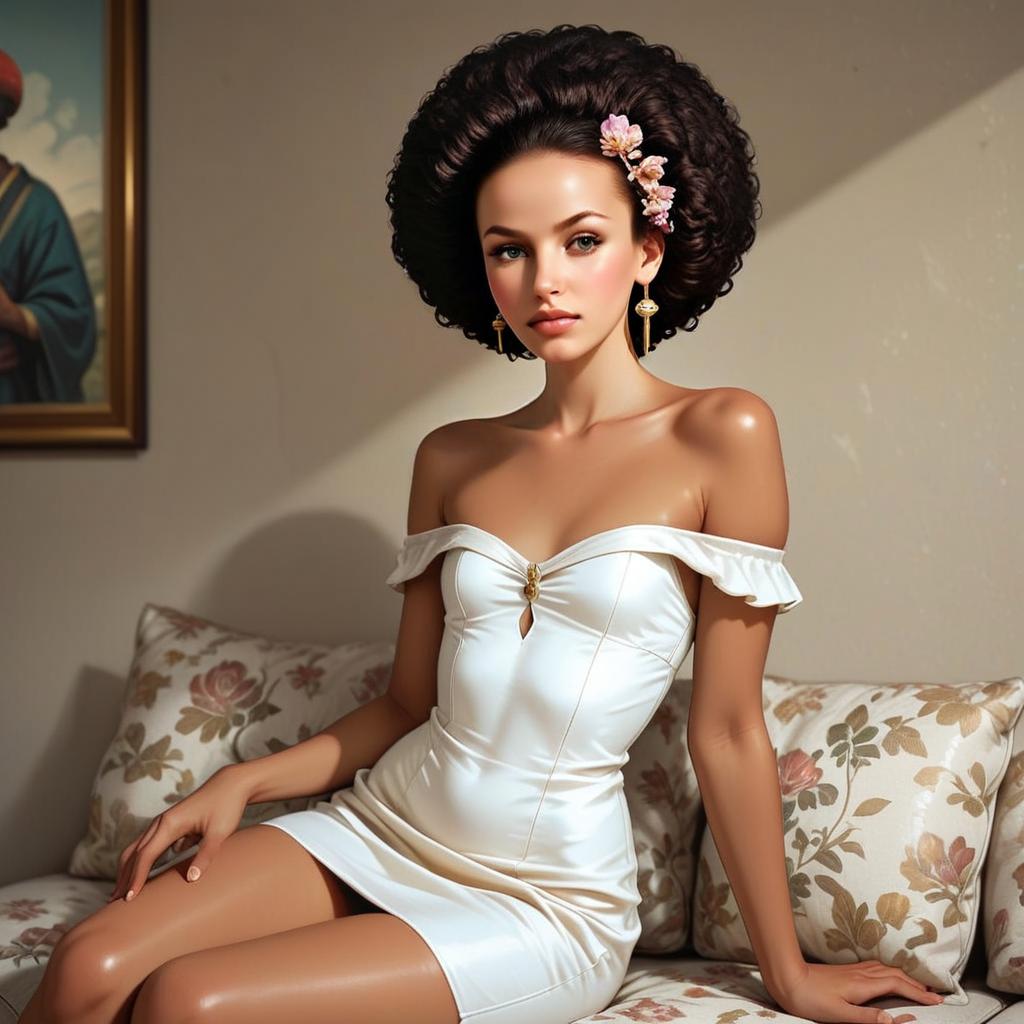 Stylish Woman in Off-Shoulder Dress on Floral Couch