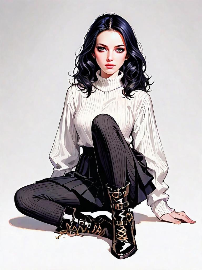 Realistic Comic-Style Full Body Portrait of Woman in Casual Fashion