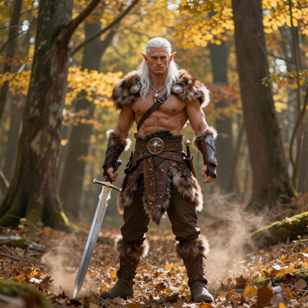 Fantasy Elf Warrior Man with Sword in Autumn Forest